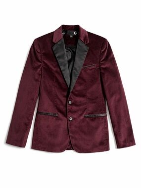 Guess Men's Burgundy Velvet Blazer with Black Satin Lapel